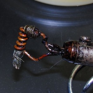 Tip of the Valap Brush The brush tip is made of two parts, thick single-strand copper wire coiled around and supporting a bunch of multistrand flexible wire that makes up the brush tip itself